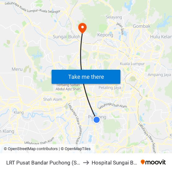 LRT Pusat Bandar Puchong (Sj735) to Hospital Sungai Buloh map