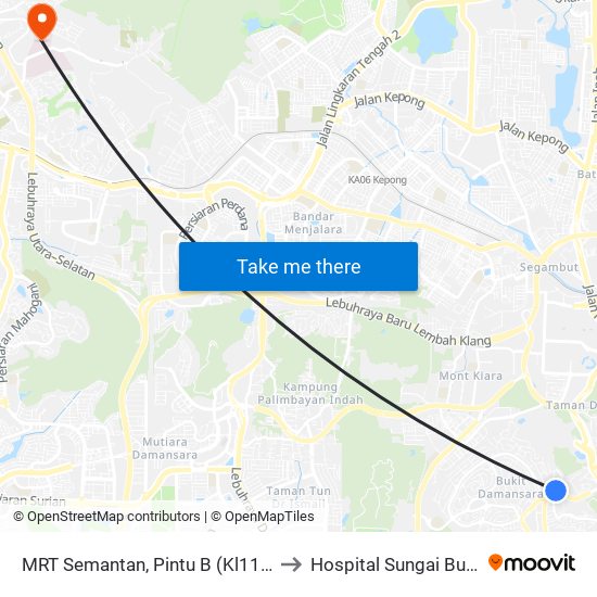 MRT Semantan, Pintu B (Kl1174) to Hospital Sungai Buloh map
