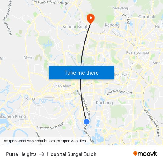 Putra Heights to Hospital Sungai Buloh map