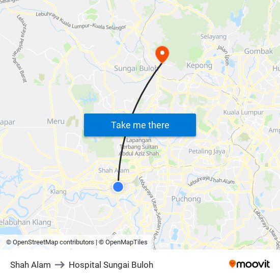 Shah Alam to Hospital Sungai Buloh map