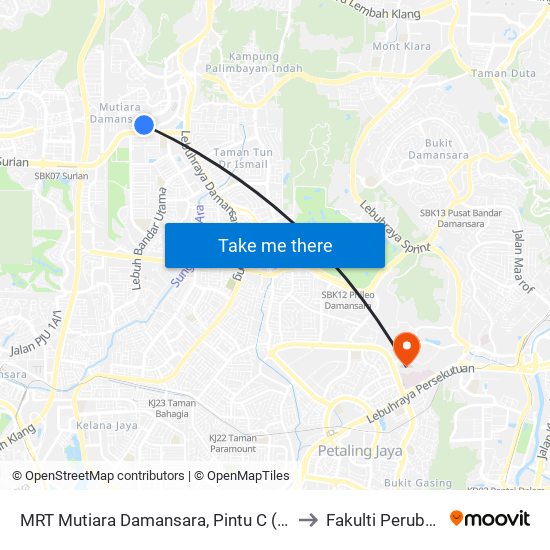 MRT Mutiara Damansara, Pintu C (Pj814) to Fakulti Perubatan map