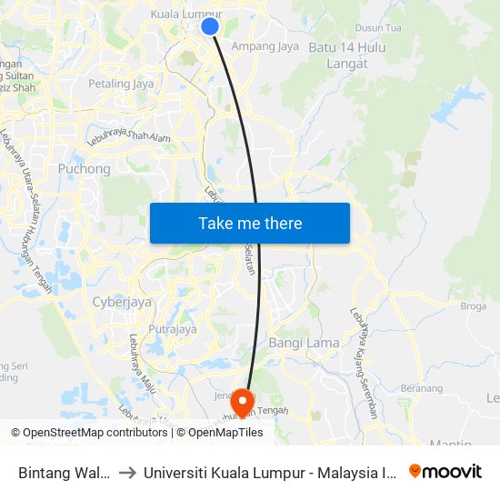 Bintang Walk (Kl85) to Universiti Kuala Lumpur - Malaysia Institute Of Aviation map