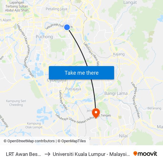 LRT Awan Besar (Kl2324) to Universiti Kuala Lumpur - Malaysia Institute Of Aviation map