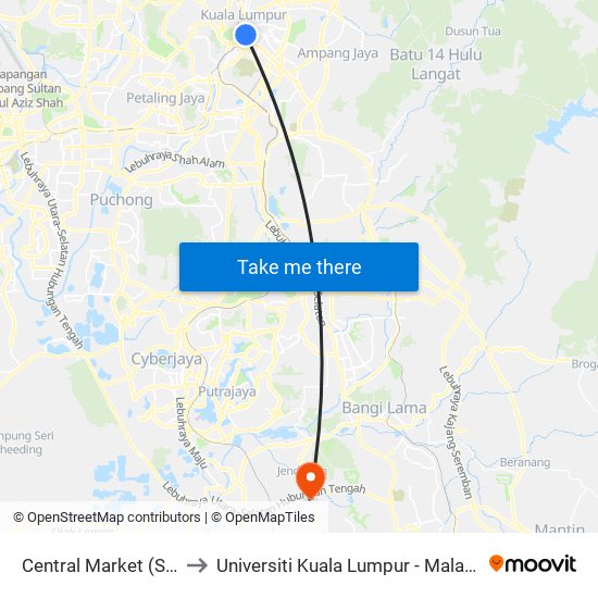 Central Market (Selatan) (Kl109) to Universiti Kuala Lumpur - Malaysia Institute Of Aviation map