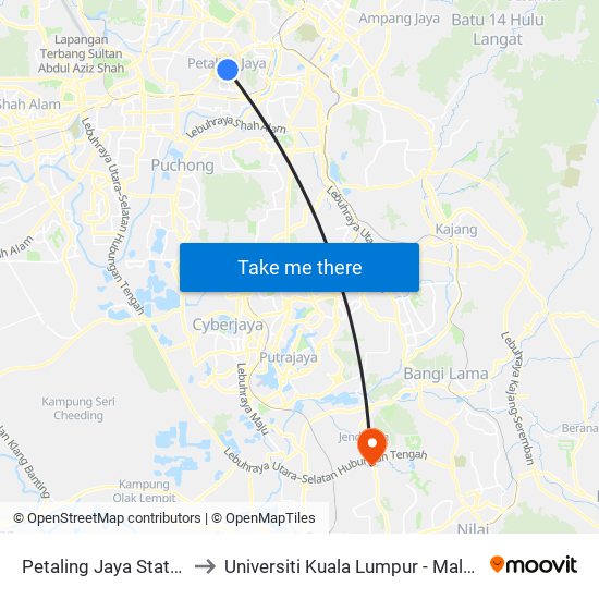 Petaling Jaya State (Utara) (Pj433) to Universiti Kuala Lumpur - Malaysia Institute Of Aviation map
