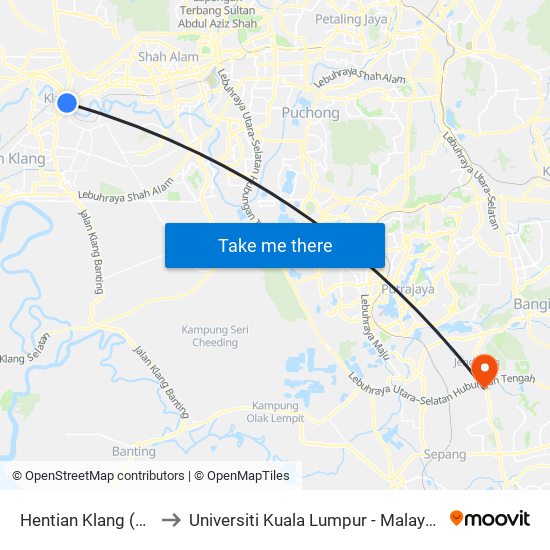 Hentian Klang (Bsn) (Bd580) to Universiti Kuala Lumpur - Malaysia Institute Of Aviation map