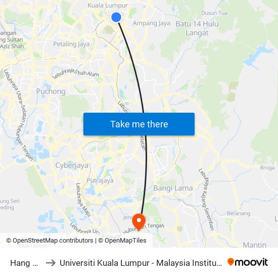 Hang Tuah to Universiti Kuala Lumpur - Malaysia Institute Of Aviation map