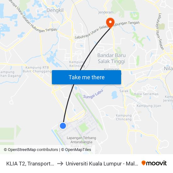 KLIA T2, Transportation Hub Level 1 to Universiti Kuala Lumpur - Malaysia Institute Of Aviation map