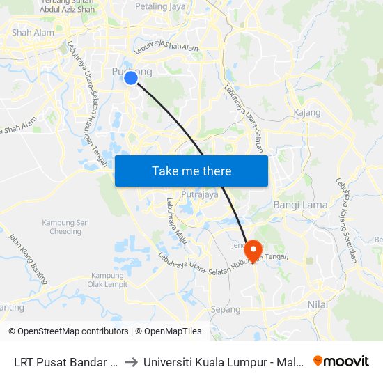 LRT Pusat Bandar Puchong (Sj735) to Universiti Kuala Lumpur - Malaysia Institute Of Aviation map