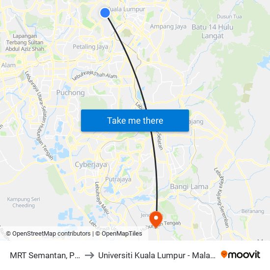 MRT Semantan, Pintu B (Kl1174) to Universiti Kuala Lumpur - Malaysia Institute Of Aviation map
