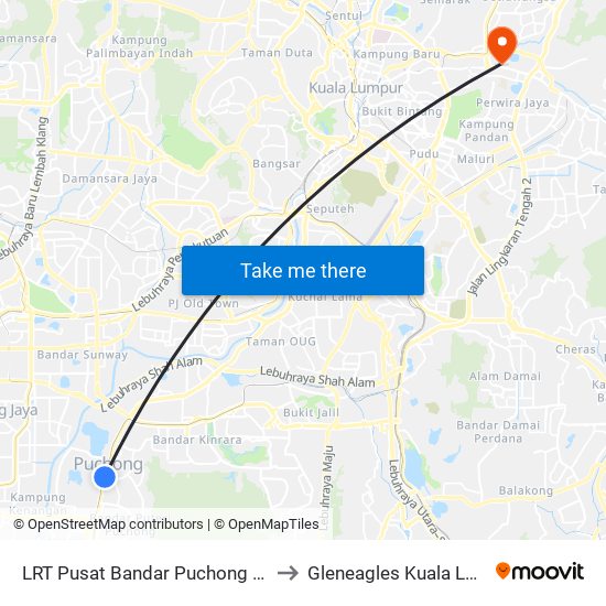 LRT Pusat Bandar Puchong (Sj735) to Gleneagles Kuala Lumpur map
