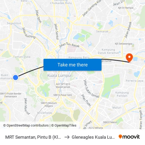 MRT Semantan, Pintu B (Kl1174) to Gleneagles Kuala Lumpur map