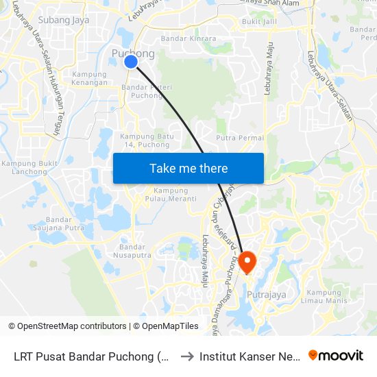 LRT Pusat Bandar Puchong (Sj735) to Institut Kanser Negara map