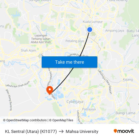 KL Sentral (Utara) (Kl1077) to Mahsa University map