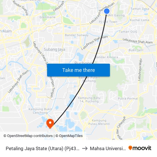 Petaling Jaya State (Utara) (Pj433) to Mahsa University map