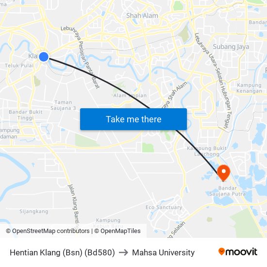 Hentian Klang (Bsn) (Bd580) to Mahsa University map