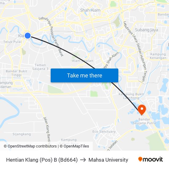 Hentian Klang (Pos) B (Bd664) to Mahsa University map