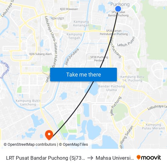 LRT Pusat Bandar Puchong (Sj735) to Mahsa University map