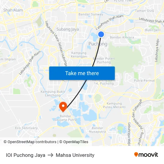 IOI Puchong Jaya to Mahsa University map