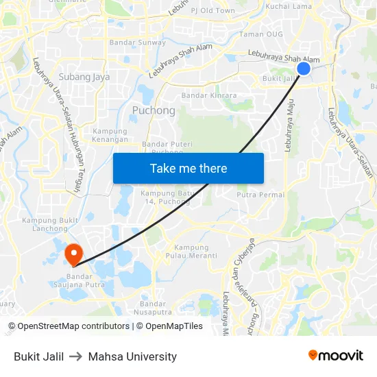 Bukit Jalil to Mahsa University map