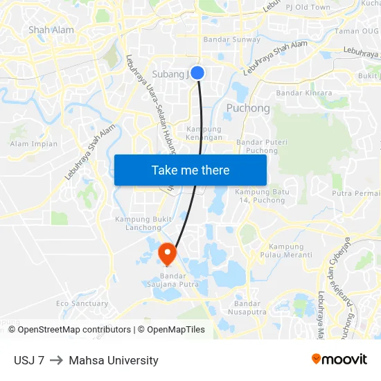 USJ 7 to Mahsa University map