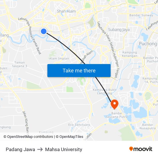 Padang Jawa to Mahsa University map
