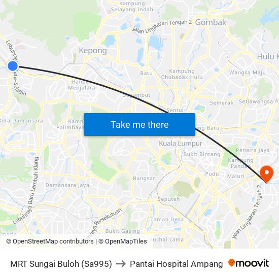 MRT Sungai Buloh (Sa995) to Pantai Hospital Ampang map
