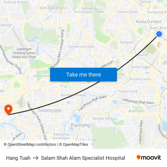Hang Tuah to Salam Shah Alam Specialist Hospital map