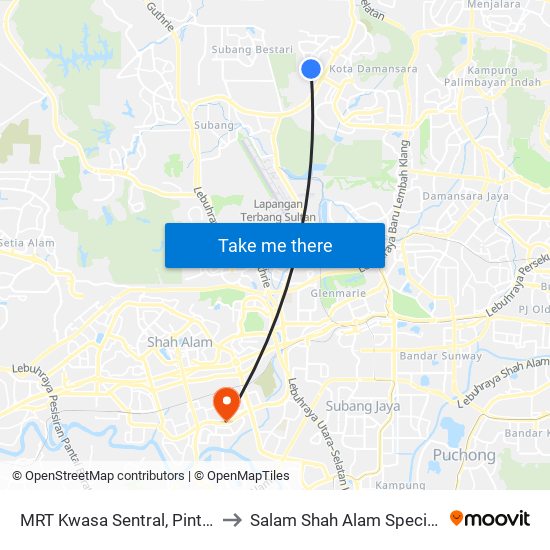MRT Kwasa Sentral, Pintu A (Sa1020) to Salam Shah Alam Specialist Hospital map