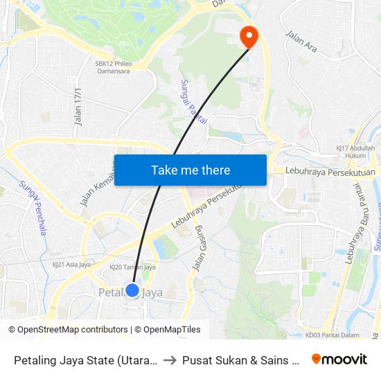Petaling Jaya State (Utara) (Pj433) to Pusat Sukan & Sains Eksesais map
