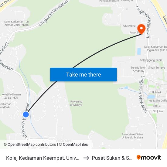 Kolej Kediaman Keempat, Universiti Malaya (Kl2348) to Pusat Sukan & Sains Eksesais map