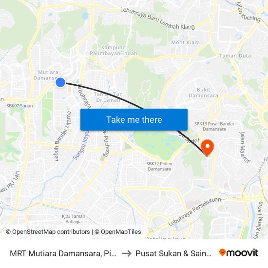 MRT Mutiara Damansara, Pintu B (Pj809) to Pusat Sukan & Sains Eksesais map