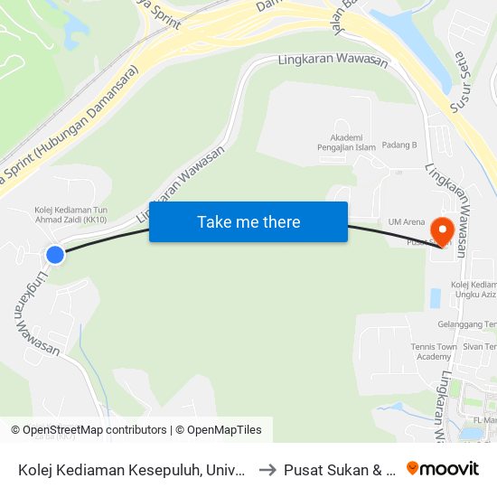 Kolej Kediaman Kesepuluh, Universiti Malaya (Opp) (Kl2345) to Pusat Sukan & Sains Eksesais map