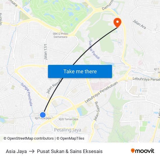 Asia Jaya to Pusat Sukan & Sains Eksesais map