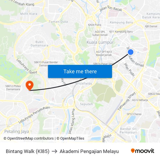 Bintang Walk (Kl85) to Akademi Pengajian Melayu map
