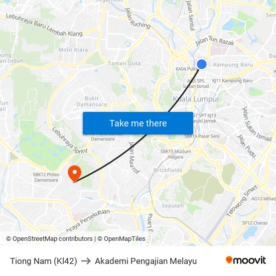 Tiong Nam (Kl42) to Akademi Pengajian Melayu map