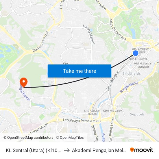 KL Sentral (Utara) (Kl1077) to Akademi Pengajian Melayu map