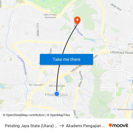 Petaling Jaya State (Utara) (Pj433) to Akademi Pengajian Melayu map
