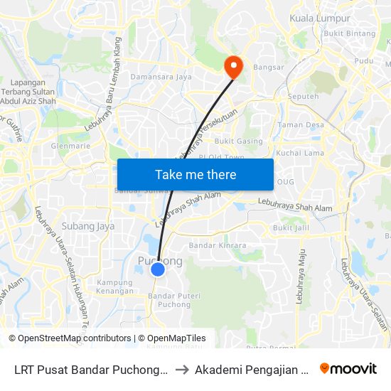 LRT Pusat Bandar Puchong (Sj735) to Akademi Pengajian Melayu map