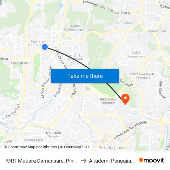MRT Mutiara Damansara, Pintu C (Pj814) to Akademi Pengajian Melayu map