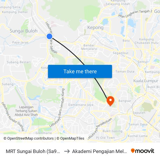 MRT Sungai Buloh (Sa995) to Akademi Pengajian Melayu map