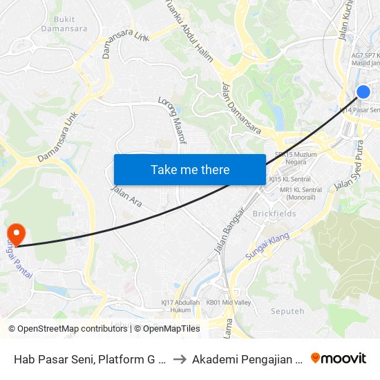 Hab Pasar Seni, Platform G (Kl1596) to Akademi Pengajian Melayu map