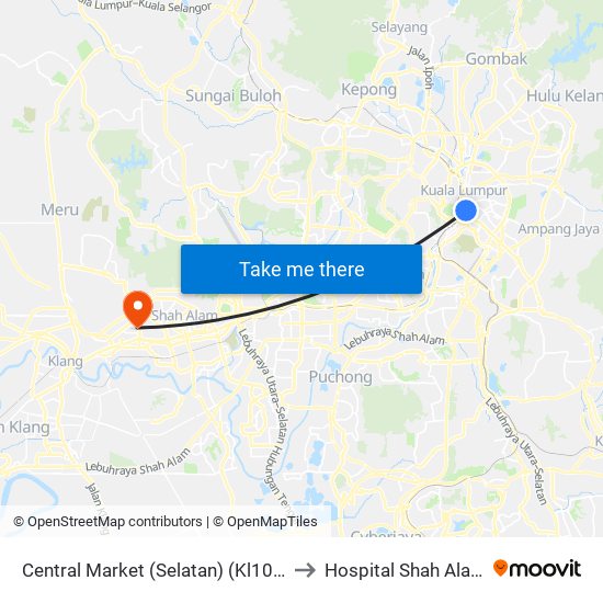 Central Market (Selatan) (Kl109) to Hospital Shah Alam map