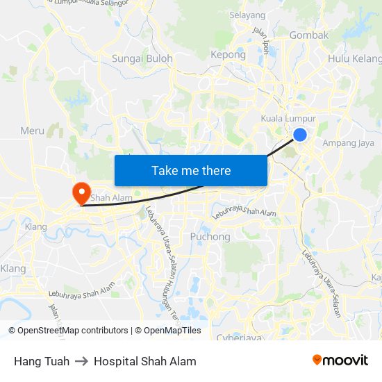Hang Tuah to Hospital Shah Alam map