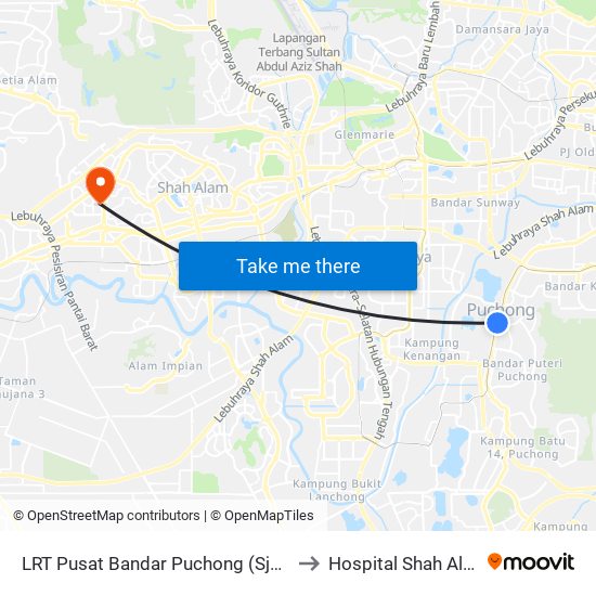 LRT Pusat Bandar Puchong (Sj735) to Hospital Shah Alam map