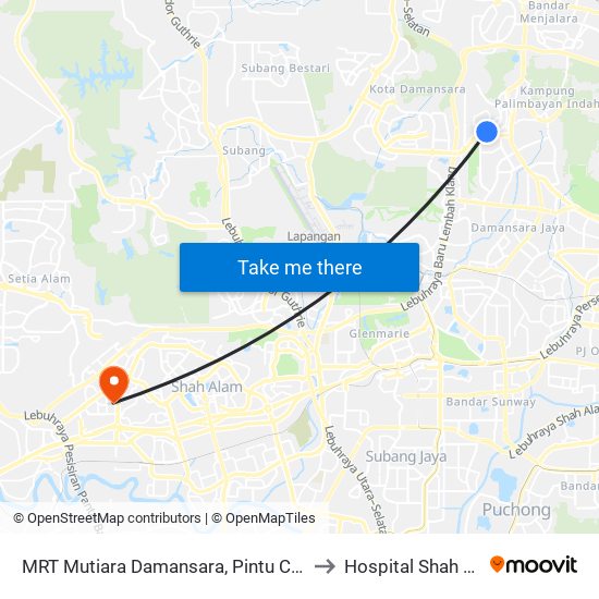 MRT Mutiara Damansara, Pintu C (Pj814) to Hospital Shah Alam map
