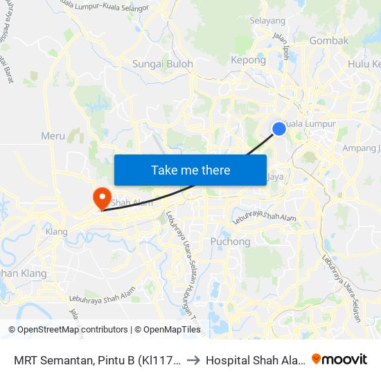 MRT Semantan, Pintu B (Kl1174) to Hospital Shah Alam map