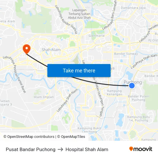 Pusat Bandar Puchong to Hospital Shah Alam map