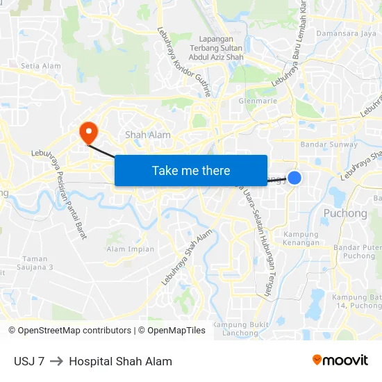 USJ 7 to Hospital Shah Alam map