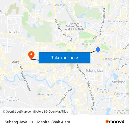 Subang Jaya to Hospital Shah Alam map